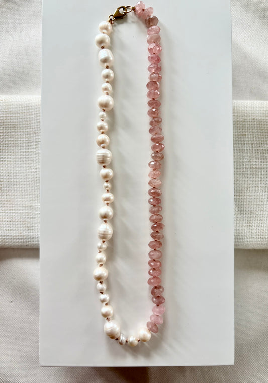 Rose Quartz and Pearl Knotted Necklace